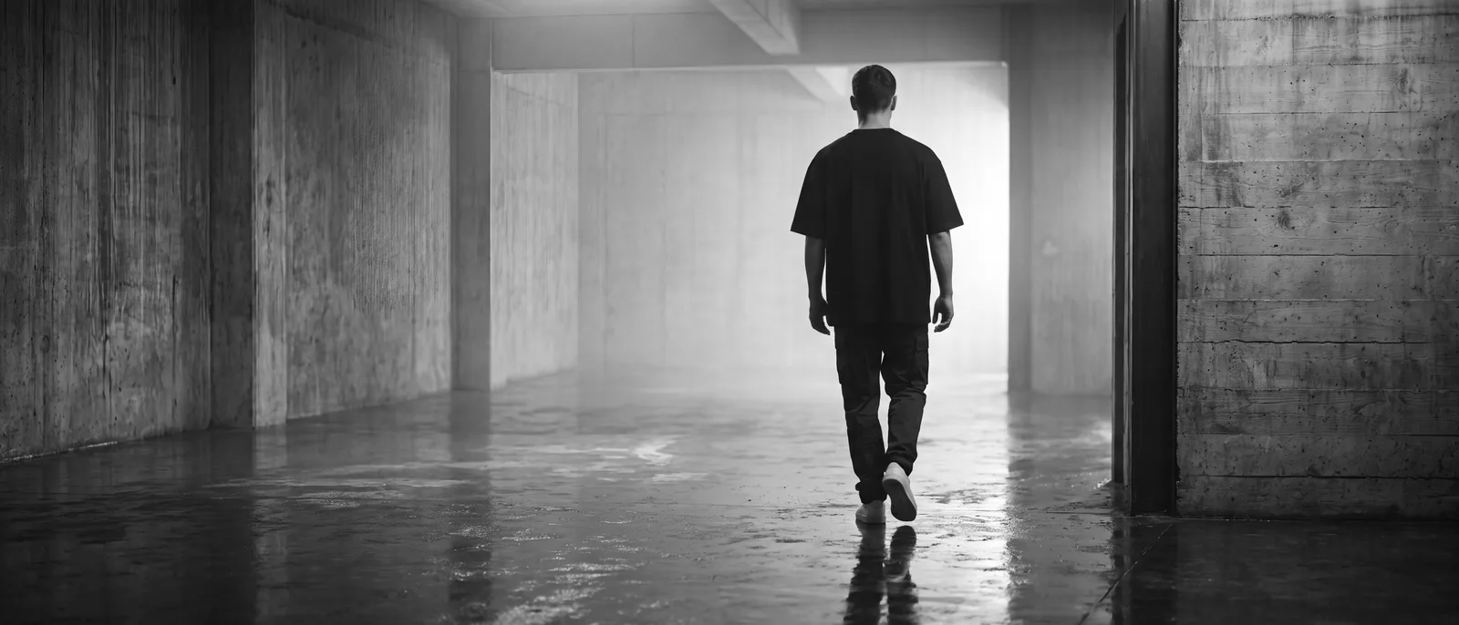 Latest Drop: a model walking away down a backlit industrial concrete corridor with wet floor reflections