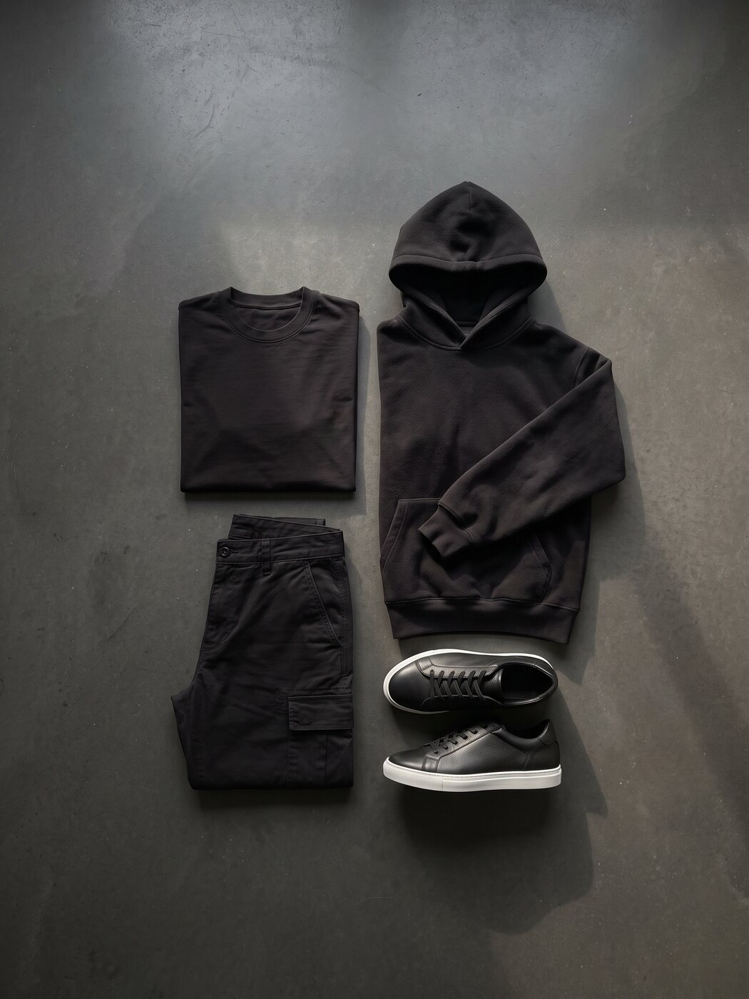 Flat Lay eines komplett schwarzen Outfits: schweres T-Shirt, Hoodie, Cargohose und Sneaker auf dunklem Beton, Texturen im Streiflicht