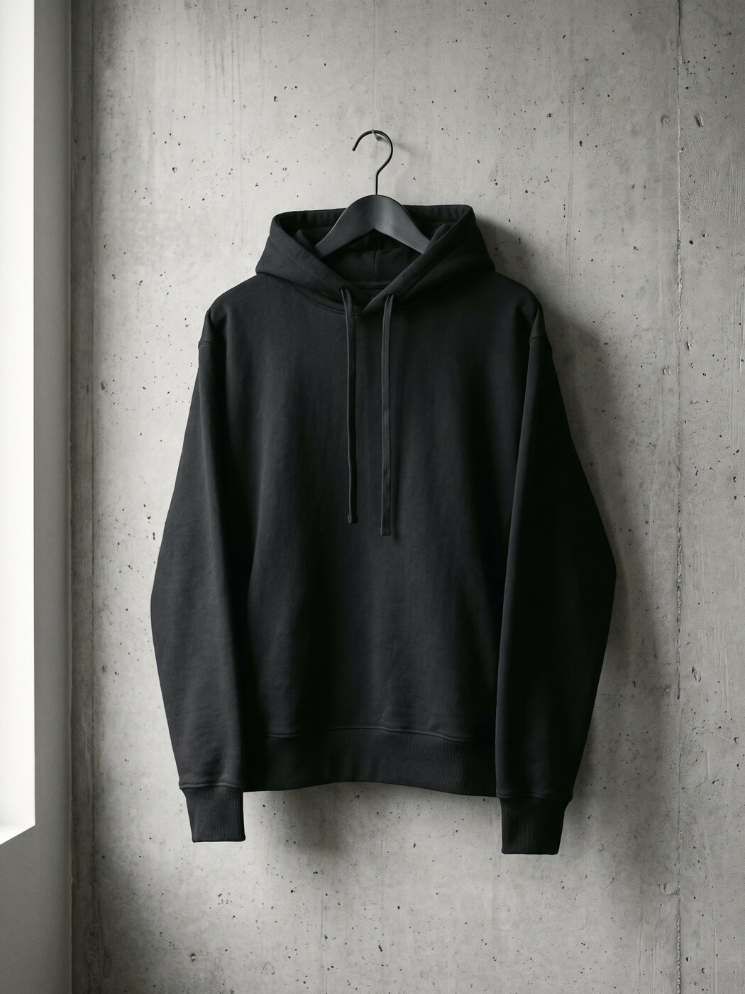 Schwarzer Hoodie aus schwerer Baumwolle auf einem Bügel vor einer Betonwand, Studioaufnahme mit weichem Licht